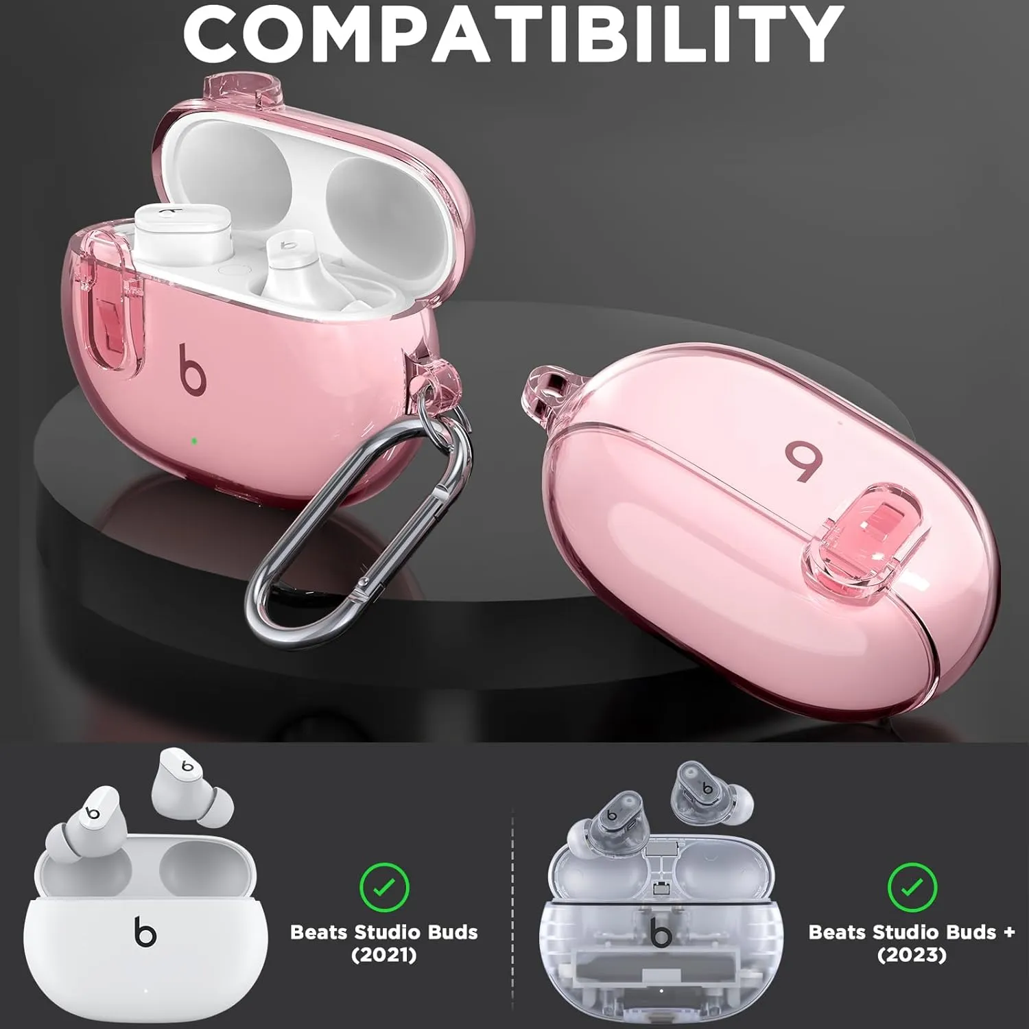 Beats Studio Buds/Studio Buds Plus Case Cover Clear 2021/2023 with Key Fob and Earbud Cleaning Kit, Secure Lock Protective Case Cover for New Beats Studio Buds  Earbuds Case (Clear Pink)