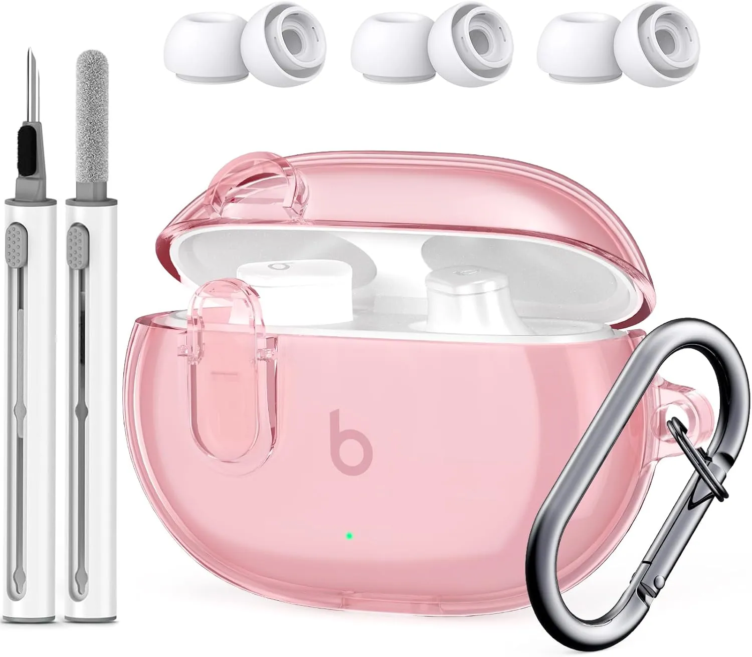 Beats Studio Buds/Studio Buds Plus Case Cover Clear 2021/2023 with Key Fob and Earbud Cleaning Kit, Secure Lock Protective Case Cover for New Beats Studio Buds  Earbuds Case (Clear Pink)