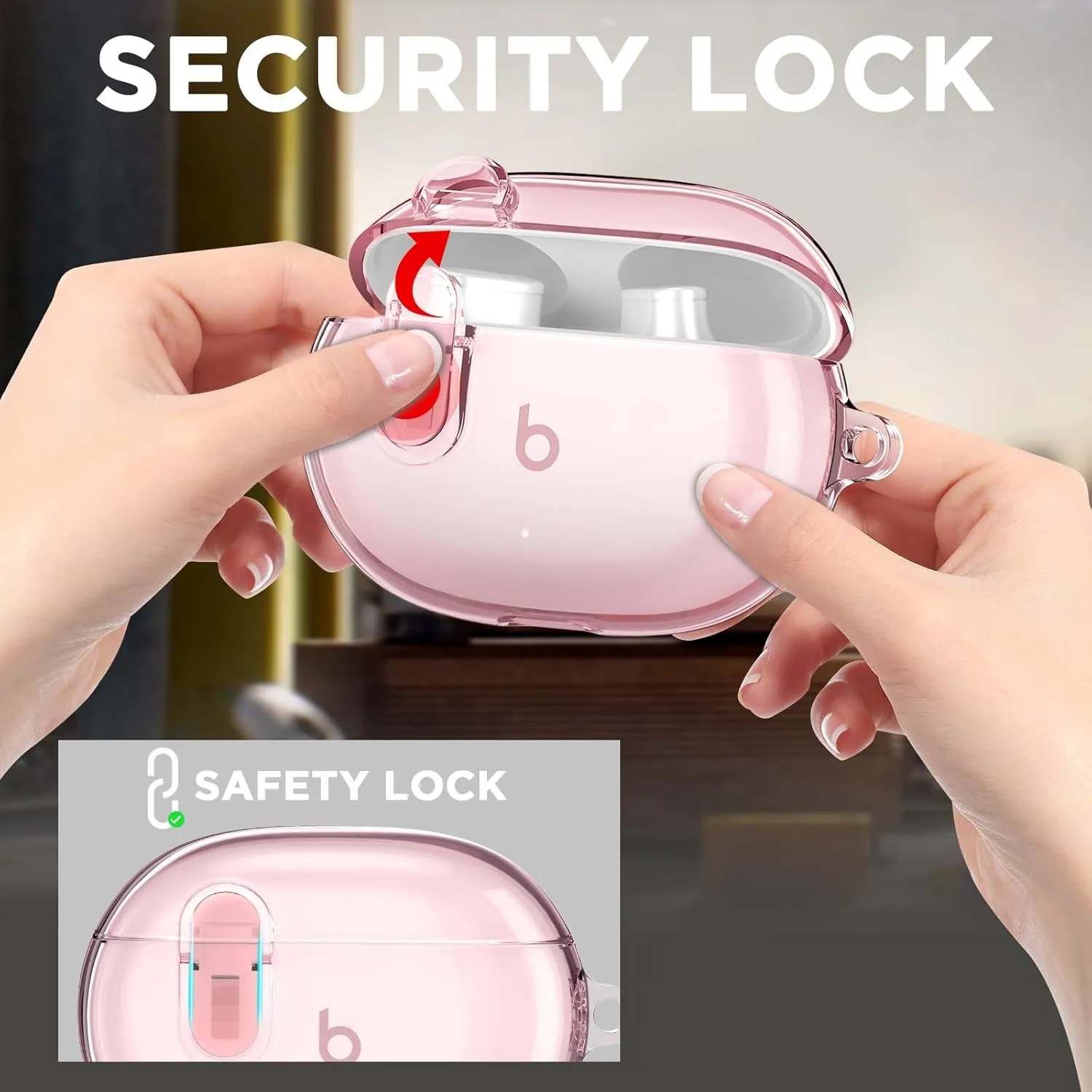 Beats Studio Buds/Studio Buds Plus Case Cover Clear 2021/2023 with Key Fob and Earbud Cleaning Kit, Secure Lock Protective Case Cover for New Beats Studio Buds  Earbuds Case (Clear Pink)