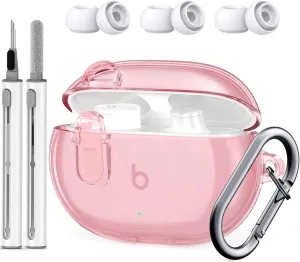 Beats Studio Buds/Studio Buds Plus Case Cover Clear 2021/2023 with Key Fob and Earbud Cleaning Kit, Secure Lock Protective Case Cover for New Beats Studio Buds  Earbuds Case (Clear Pink)