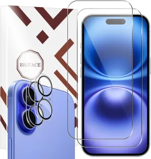 BIGFACE for iPhone 16 Screen Protector   Camera Lens Protectors, [2   2 Pack] Premium HD Tempered Glass, Anti-Bubble 3D Curved Accuracy Film for iPhone 16(6.1 Inch)