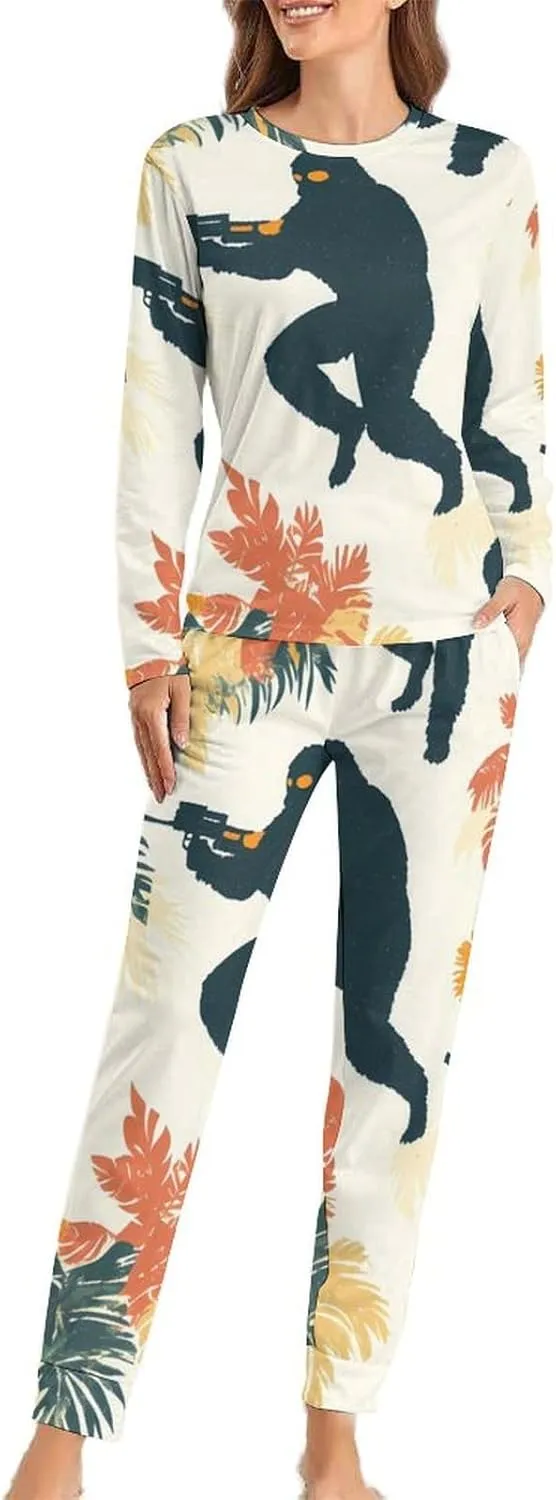 Bigfoot Shooting Hawaii Tropical Plants Pajama Sets for Women 2 Piece Long Sleeve Top And Pants Soft Sleepwear Loungewear Set