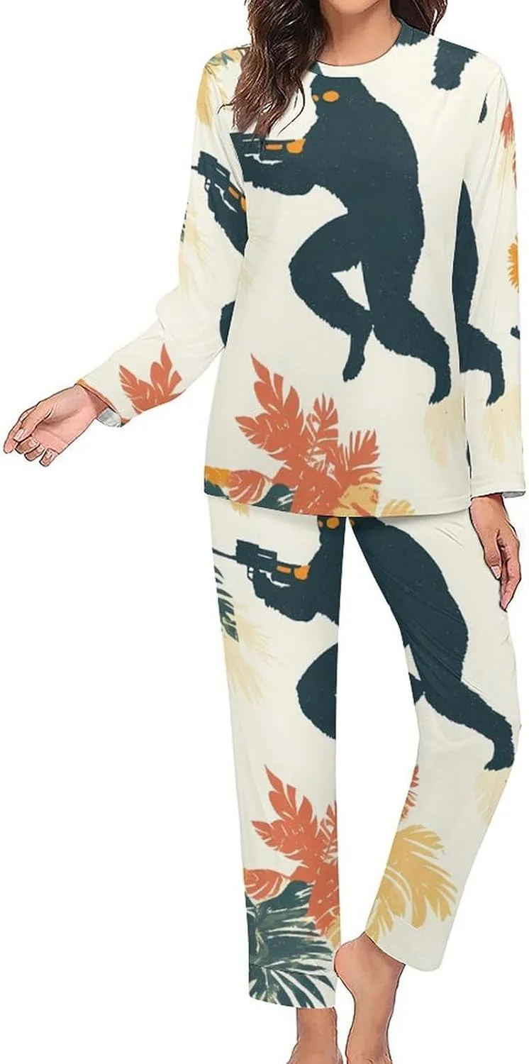 Bigfoot Shooting Hawaii Tropical Plants Pajama Sets for Women 2 Piece Long Sleeve Top And Pants Soft Sleepwear Loungewear Set