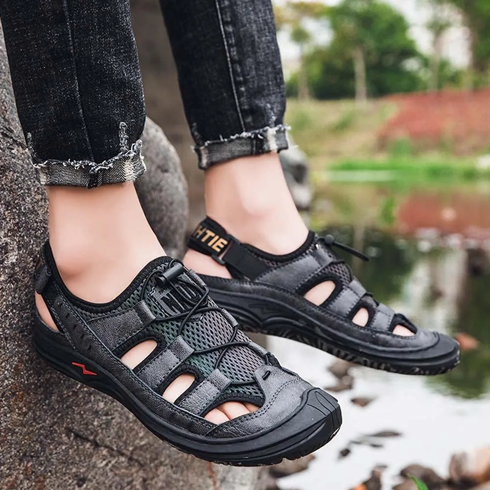 Bitiger Mens Closed Toe Leather Sandals Outdoor Adjustable Fisherman Sandals