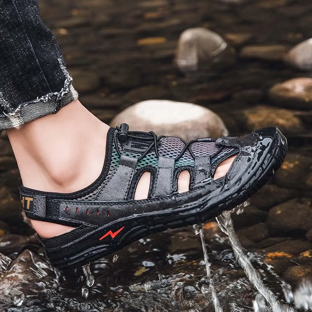 Bitiger Mens Closed Toe Leather Sandals Outdoor Adjustable Fisherman Sandals