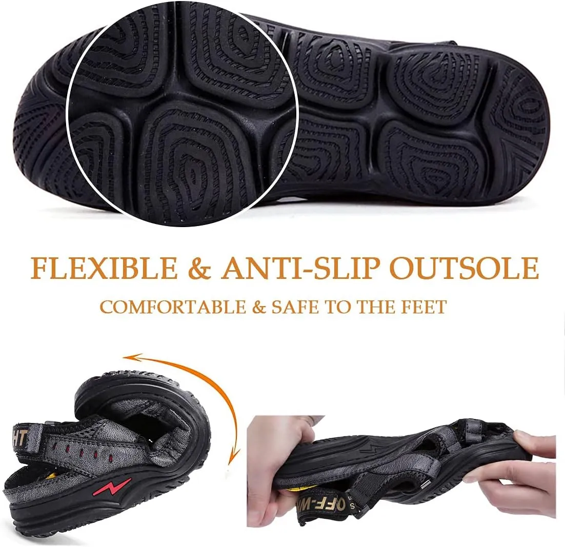 Bitiger Mens Closed Toe Leather Sandals Outdoor Adjustable Fisherman Sandals