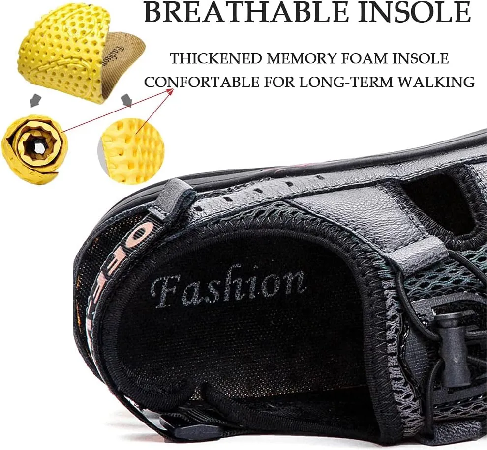 Bitiger Mens Closed Toe Leather Sandals Outdoor Adjustable Fisherman Sandals