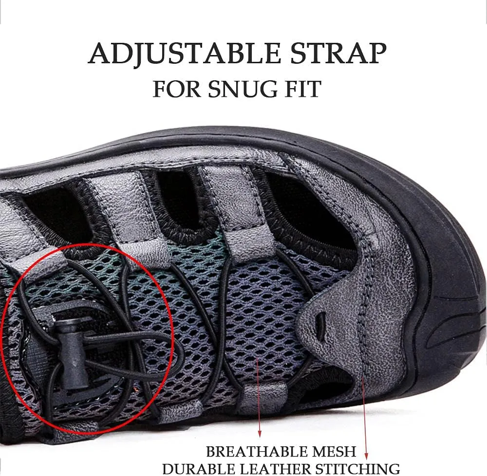 Bitiger Mens Closed Toe Leather Sandals Outdoor Adjustable Fisherman Sandals