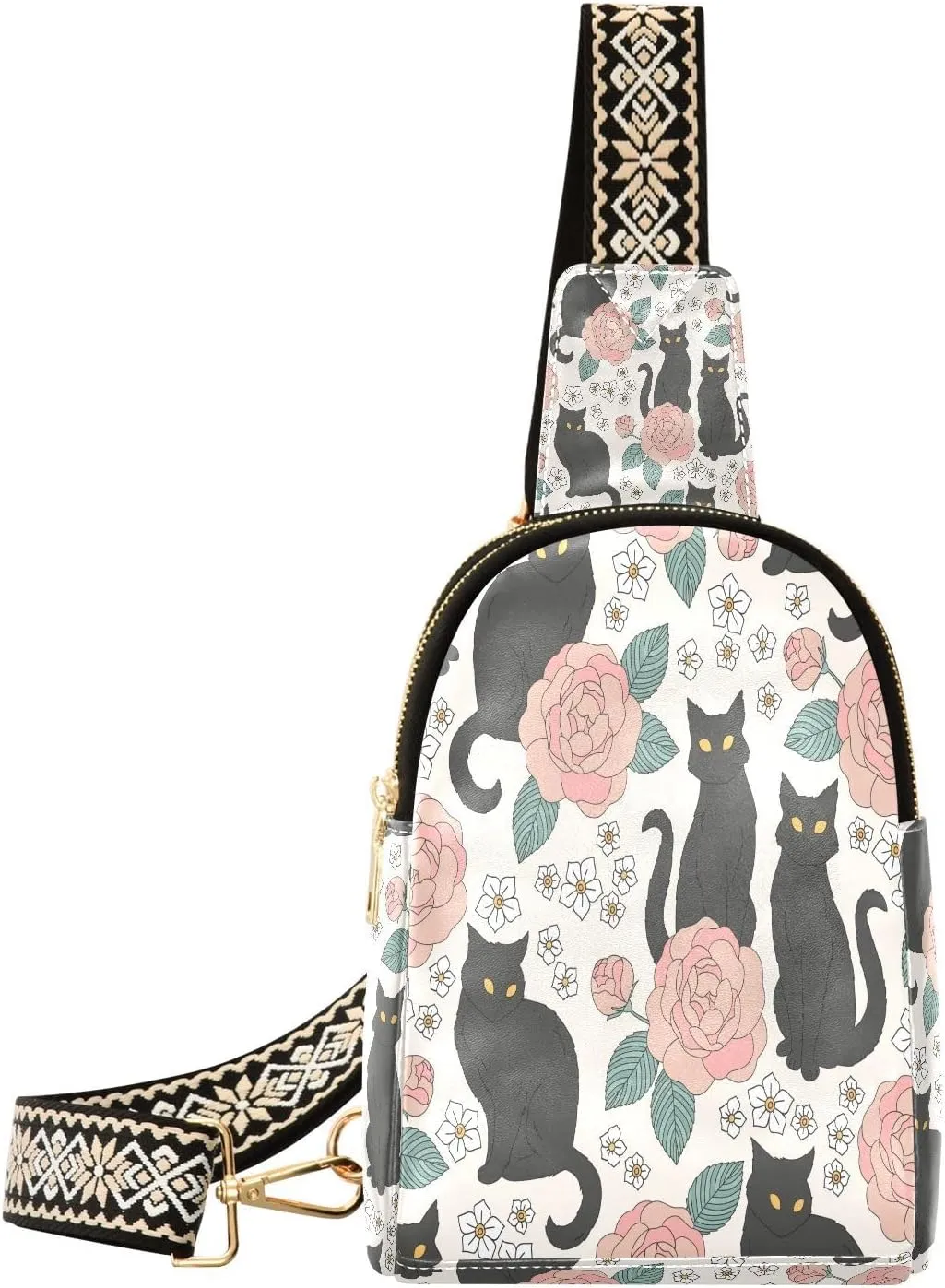 Black Cat Roses Florals Fanny Pack Crossbody PC Leather Small Sling Bag for Women Witchy Halloween Fashion Waist Packs Chest Bag for Travel Sports Running Hiking