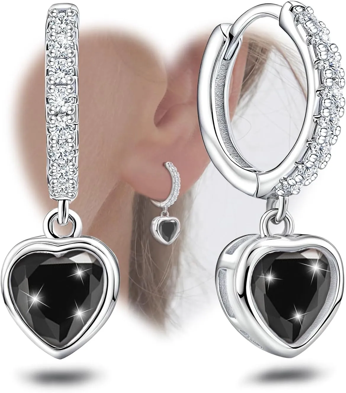 Black Heart Hoop Earrings with Dangle Sterling Silver Love Heart-Shaped Earrings Trendy Hypoallergenic Cubic Zirconia Hoop Earrings with Dangling Charms Dainty Fashion Loop Earrings for Women Gifts