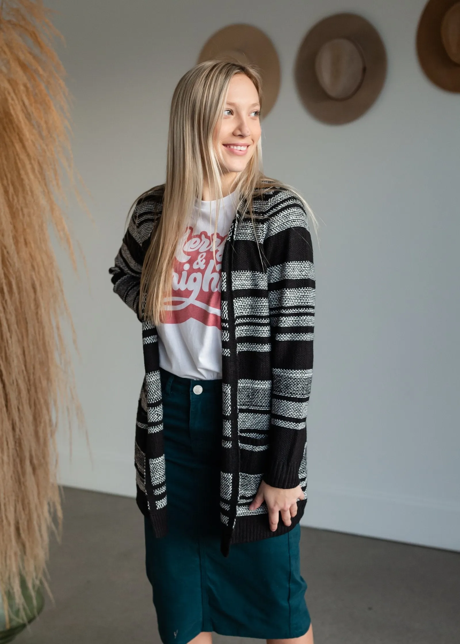 Black   White Striped Open Front Cardigan