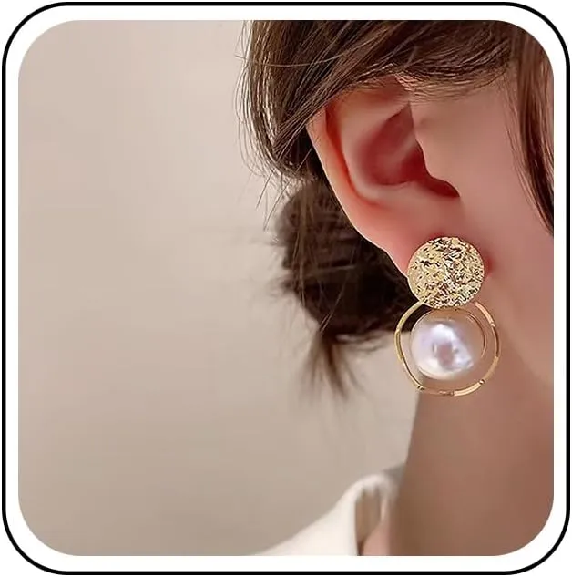 Bohemia Big Pearl Drop Earrings Gold White Pearl Stud Earrings Metal Circle Pearl Dangle Earrings Hammered Disc Earrings Jewelry for Women