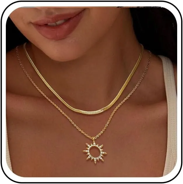 Bohemian Layered Crystal Sunburst Choker Necklace Gold Cz Sun Pendant Necklaces Celestial Sun Herringbone Collar Necklace Flat Snake Bone Chain Necklaces Jewelry for Women