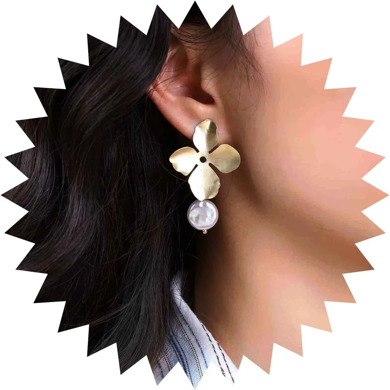 Bohemian Pearl Flower Dangle Earrings Gold Metal Flower Earrings Retro Baroque Pearl Drop Earrings Large Floral Flower Stud Earrings Jewelry for Women