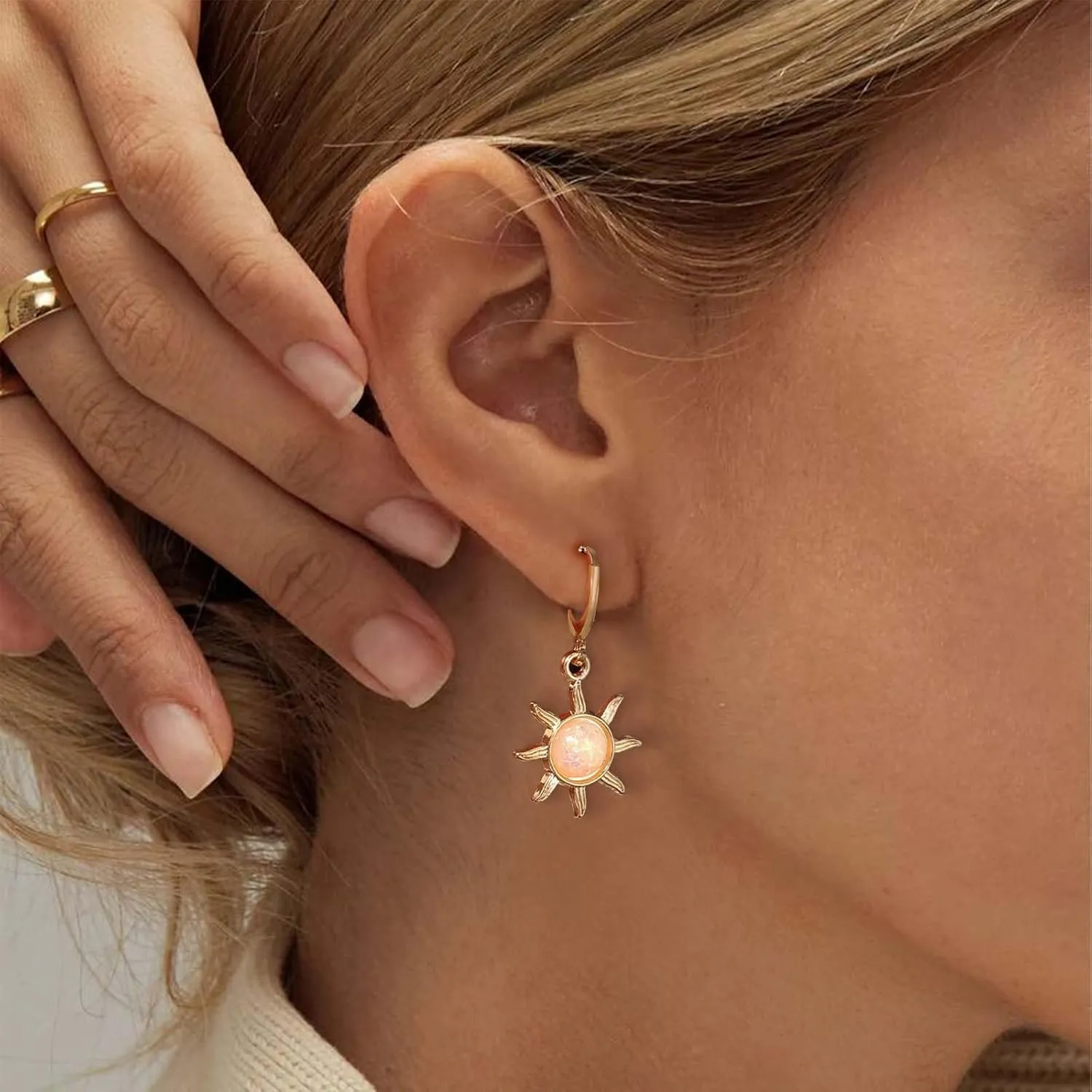 Bohemian Sunburst Dangle Earrings Gold Gemstone Sun Drop Earrings Small Sunburst Opal Hoop Earrings Minimalist Sunburst Earrings Jewelry for Women Gifts