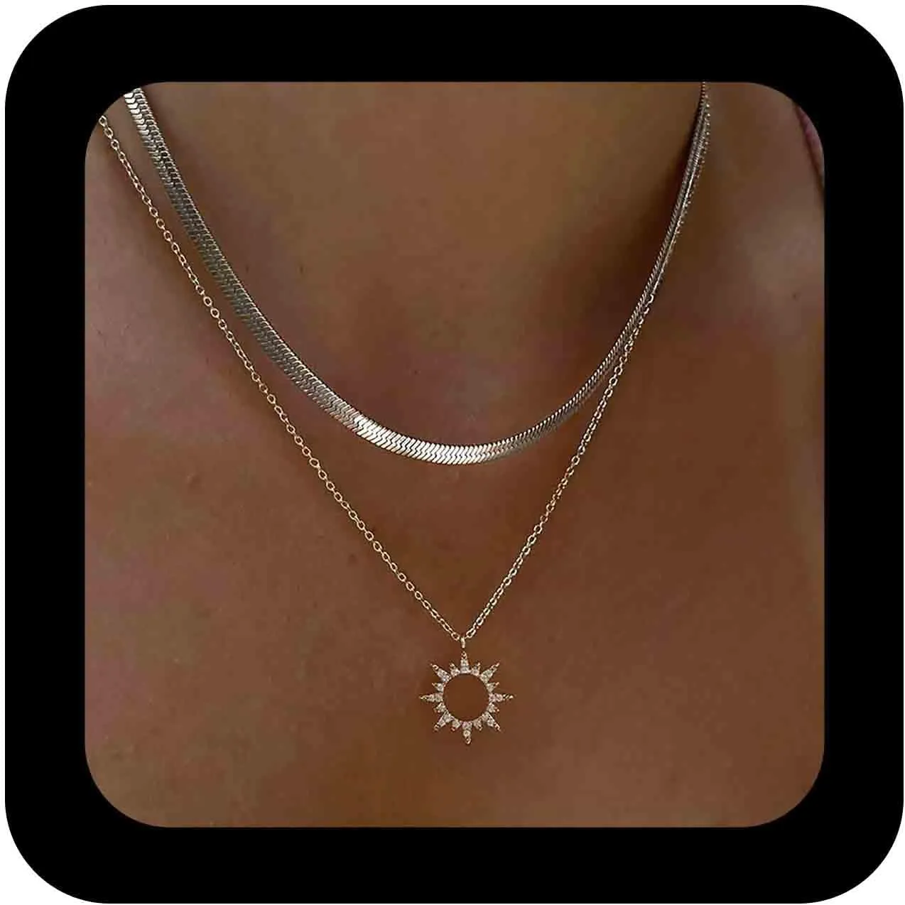 Boho Crystal Sun Necklace Layered Sun Pendent Necklace Gold Snake Chain Choker Necklaces Crystal Sunshine Necklaces Hollow Sunburst Herringbone Chain Choker Jewelry for Women