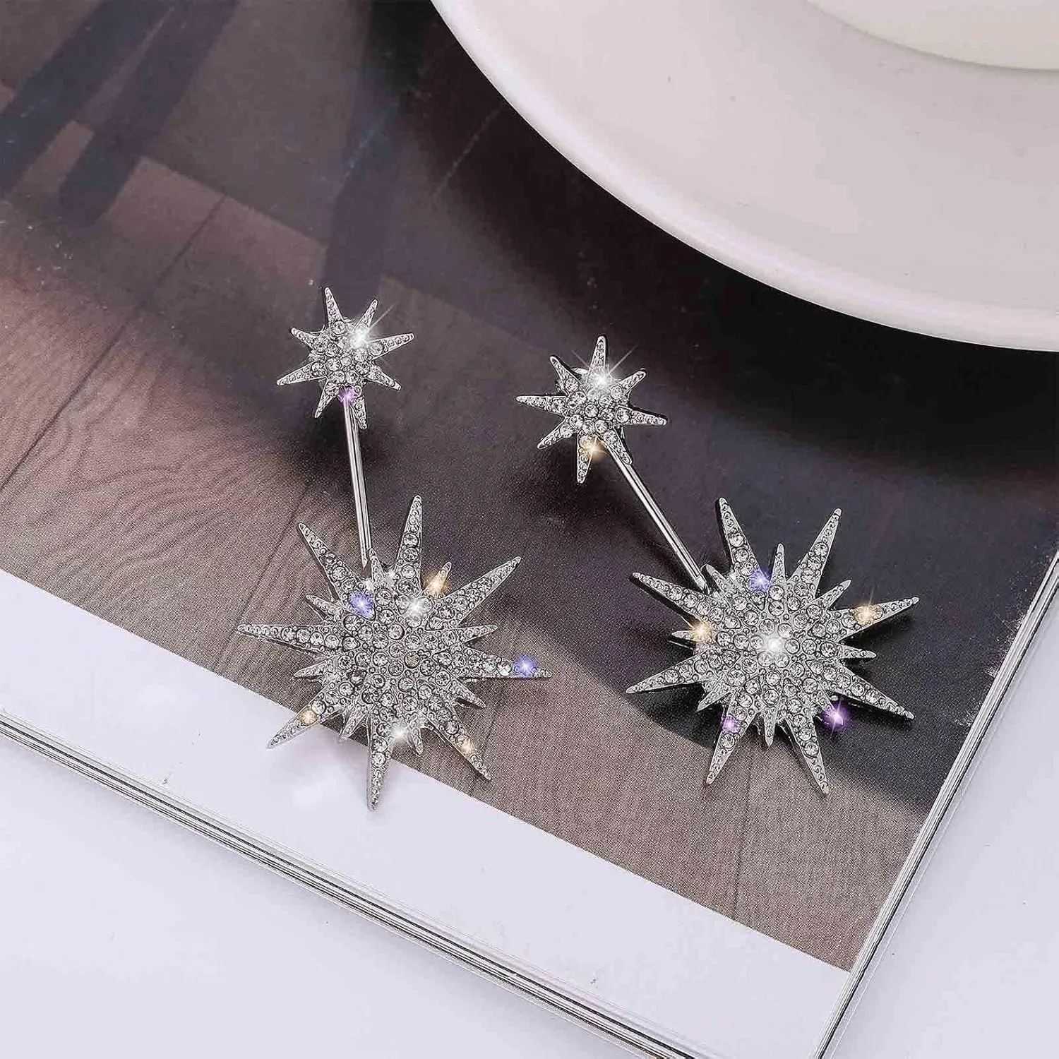 Boho Crystal Sunburst Ear Jacket Earrings Rhinestone Sun Dangle Earrings Silver Cz Starburst Stud Earrings Celestial Sun Earrings Jewelry for Women