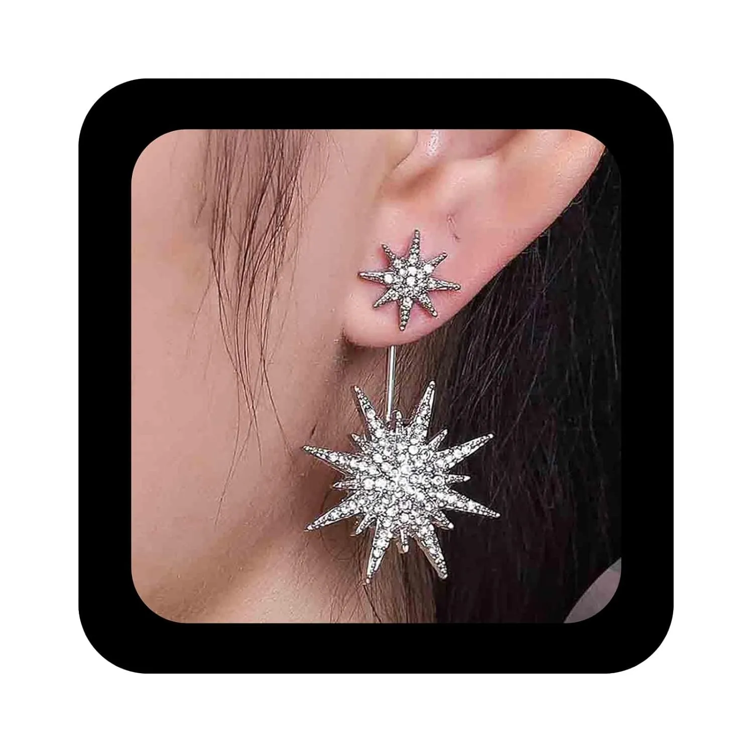 Boho Crystal Sunburst Ear Jacket Earrings Rhinestone Sun Dangle Earrings Silver Cz Starburst Stud Earrings Celestial Sun Earrings Jewelry for Women