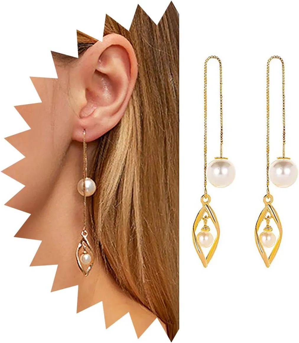 Boho Pearl Dangle Earrings Gold Leaf Threader Tassel Earrings Pearl Dangle Earrings Long Tassel Chain Drop Earrings Jewelry for Women