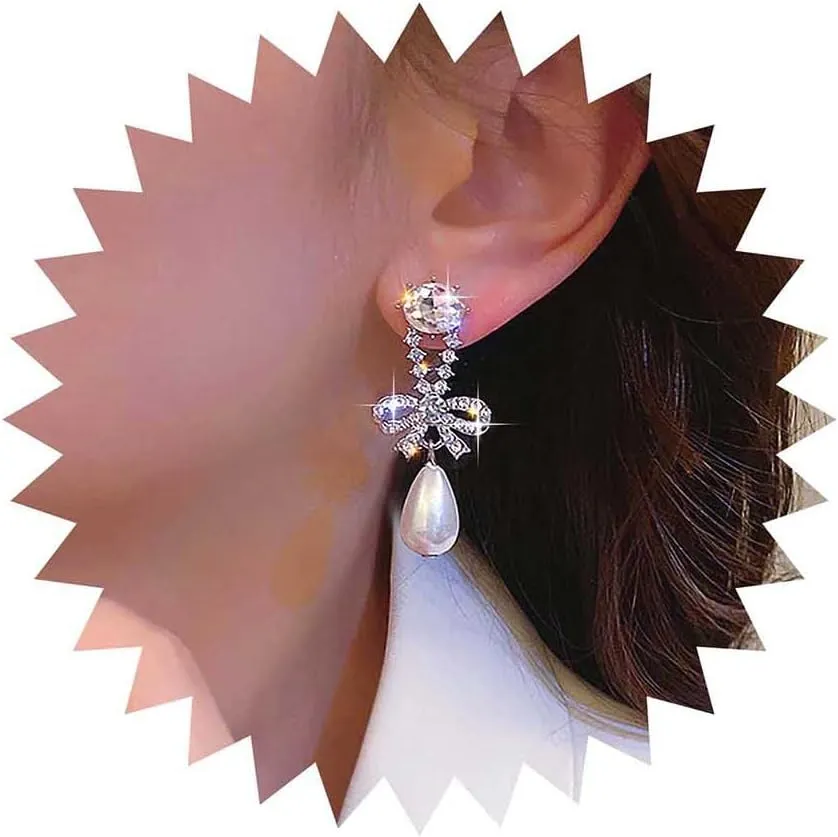 Boho Teardrop Pearl Earrings Rhinestone Pearl Dangle Earrings Silver Cz Bow Stud Earrings Crystal Bow Drop Earrings Gemstone Stud Earrings Jewelry for Women
