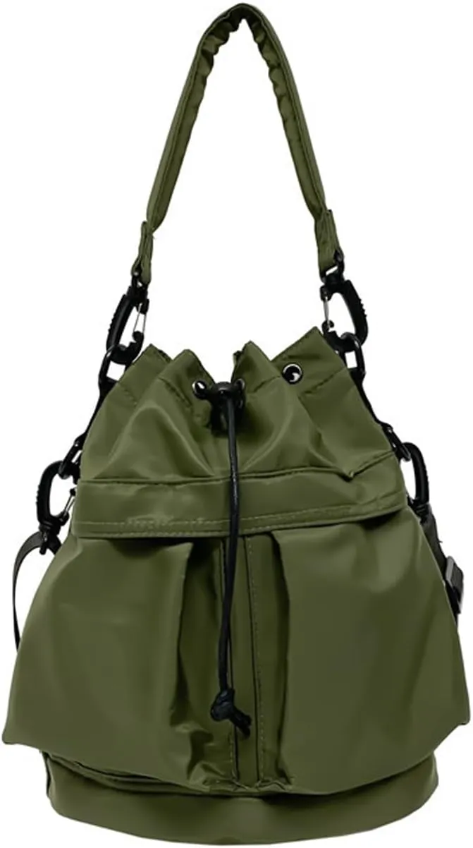 Bucket Shoulder Bags Drawstring Bucket Bag for Women Super Lightweight Nylon Crossbody Bag Tote Handbags for Travel Hiking (Green)