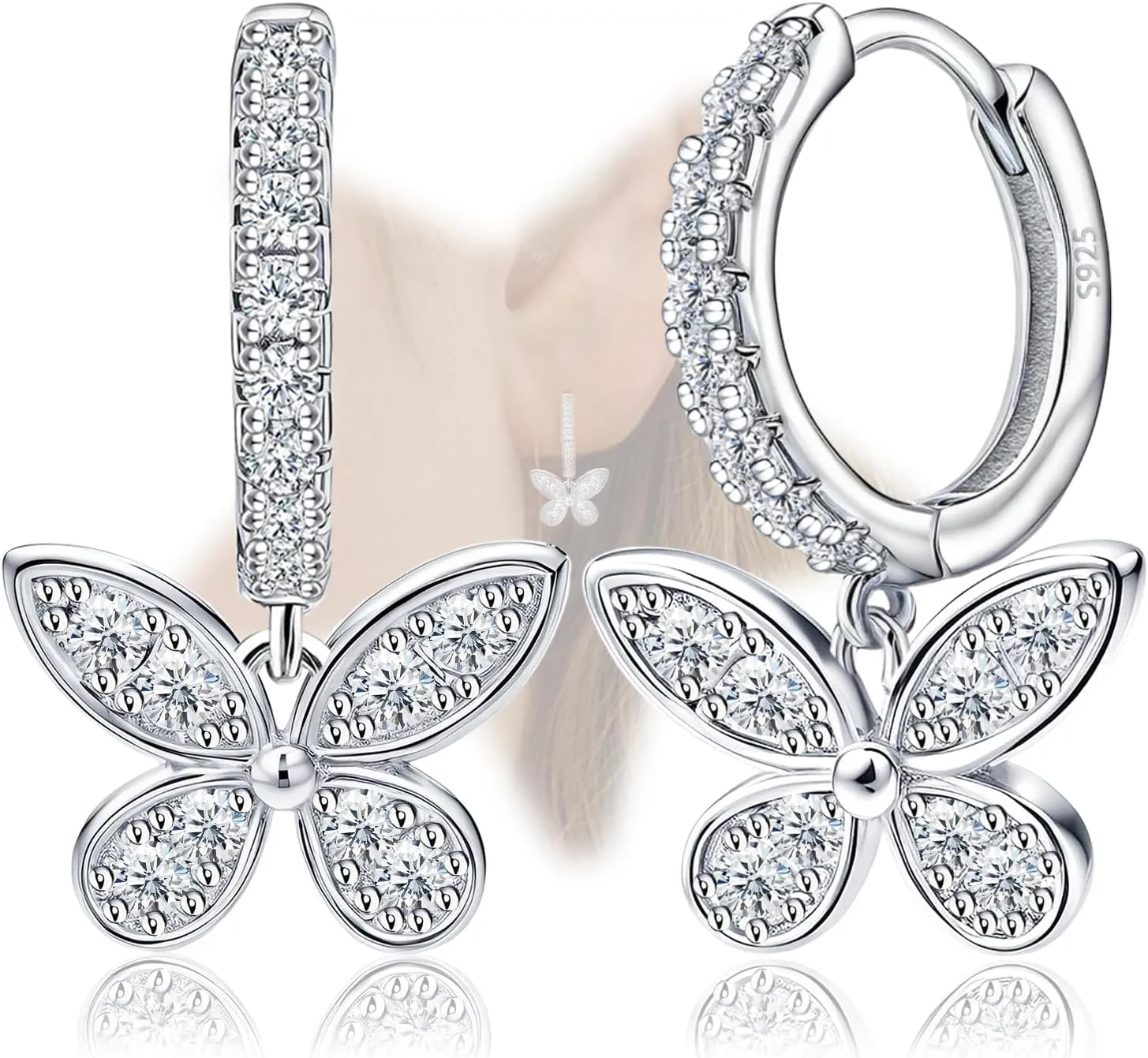 Butterfly Earrings for Women Sterling Silver Hoop Earrings Hypoallergenic Cubic Zirconia Lightweight Sparkle Loop Jewelry Gifts for Sensitive Ears