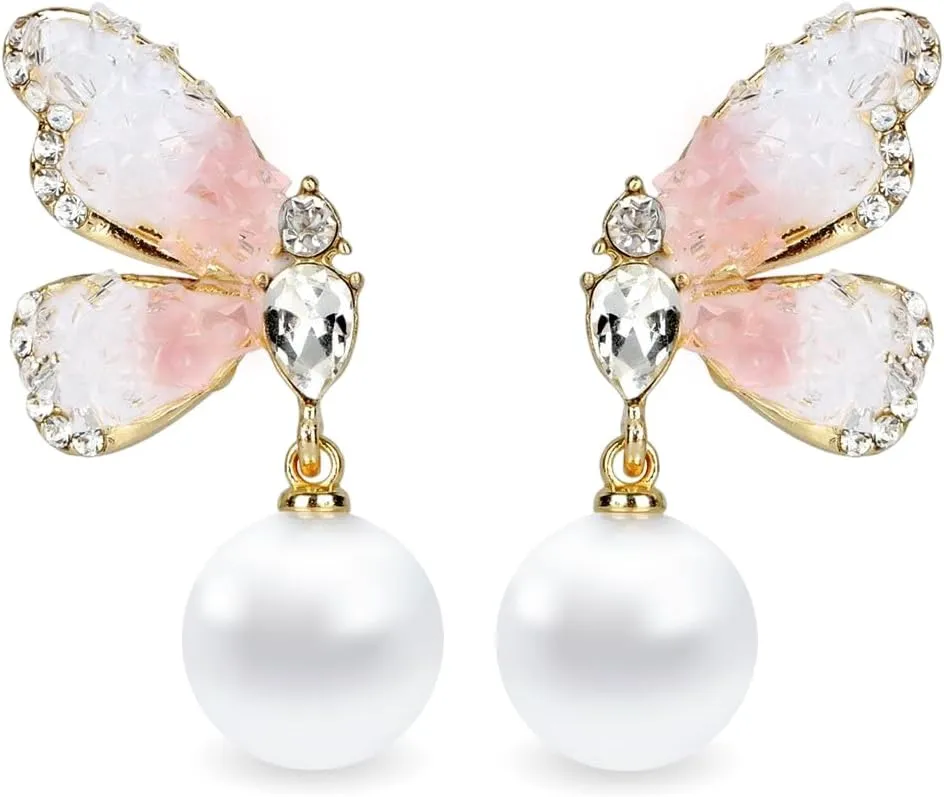 Butterfly Pearl Earrings, Gold Plated Butterfly Jewelry, Cubic Zirconia Drop Dangle Earrings, Cute Stud Earrings for Women Christmas Birthday Gifts (Pink)