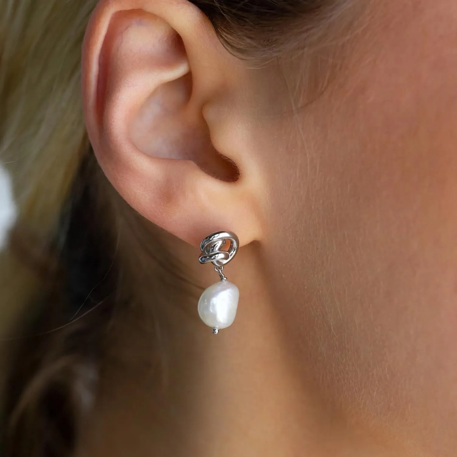 CAITLYNMINIMALIST 18K Gold Sterling Silver Dainty Knot | Pave Bow Dainty Drop Dangling Fresh Water Pearl Stud Earrings for Women Gift for Her