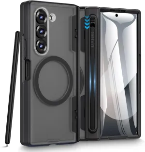 Caka for Samsung Galaxy Z Fold 5 Case [Thinner S Pen Holder Slot] [Magnetic Charging] [Hinge Protection] [Built-in Screen Protector] Translucent Hard Shockproof Magnet Phone Cover for Fold5 - Black