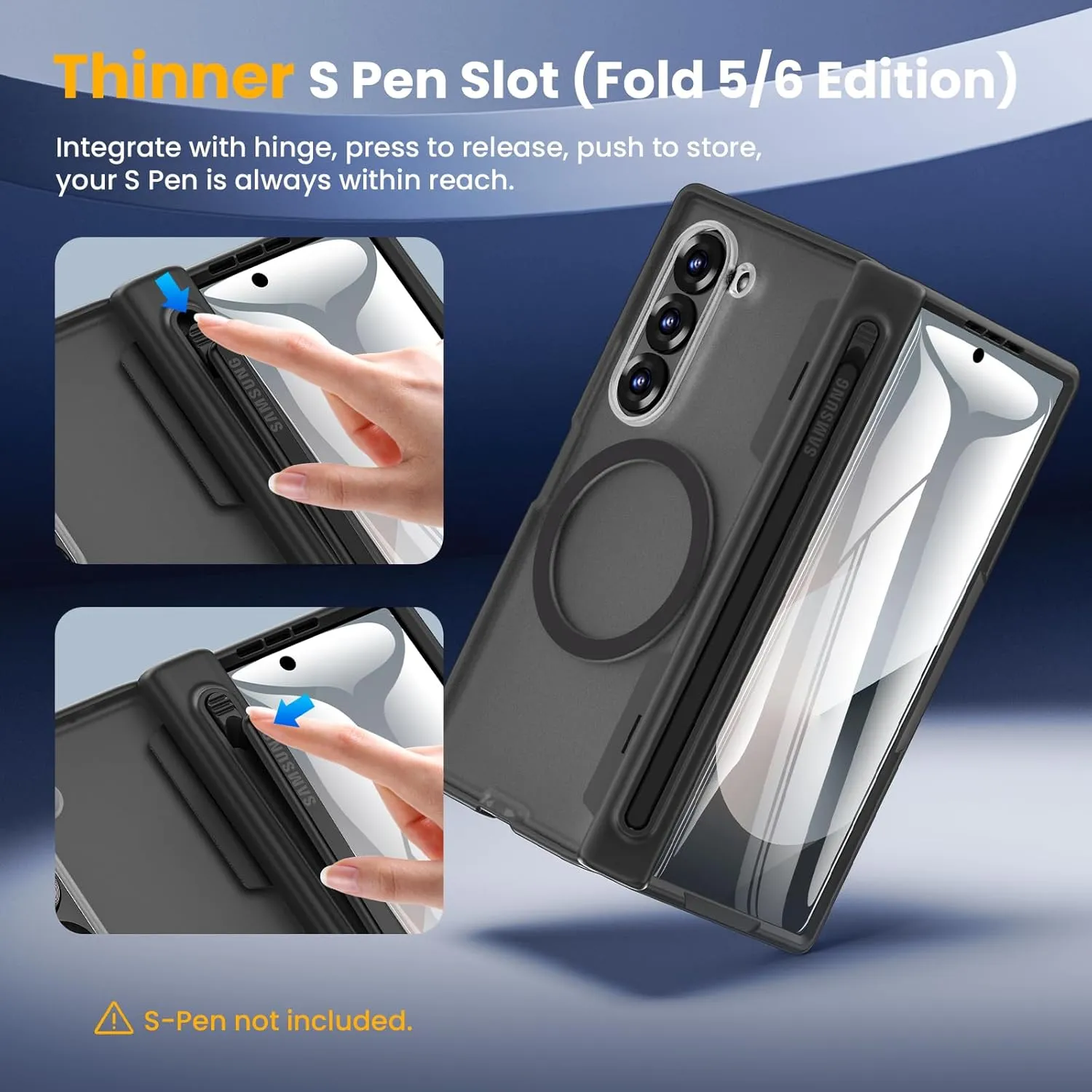 Caka for Samsung Galaxy Z Fold 5 Case [Thinner S Pen Holder Slot] [Magnetic Charging] [Hinge Protection] [Built-in Screen Protector] Translucent Hard Shockproof Magnet Phone Cover for Fold5 - Black