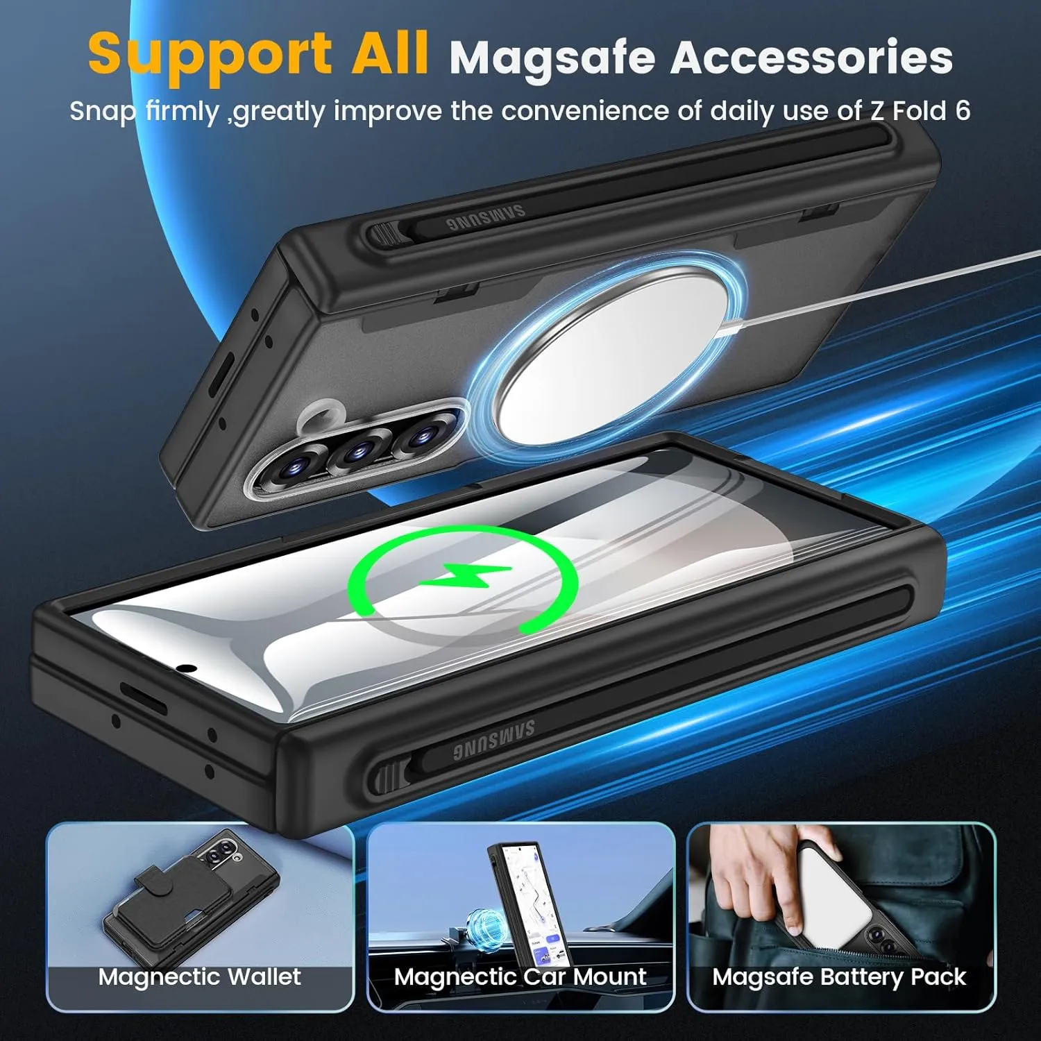 Caka for Samsung Galaxy Z Fold 5 Case [Thinner S Pen Holder Slot] [Magnetic Charging] [Hinge Protection] [Built-in Screen Protector] Translucent Hard Shockproof Magnet Phone Cover for Fold5 - Black