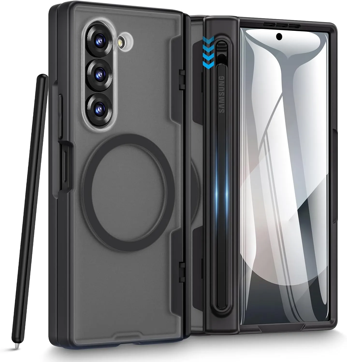 Caka for Samsung Galaxy Z Fold 5 Case [Thinner S Pen Holder Slot] [Magnetic Charging] [Hinge Protection] [Built-in Screen Protector] Translucent Hard Shockproof Magnet Phone Cover for Fold5 - Black