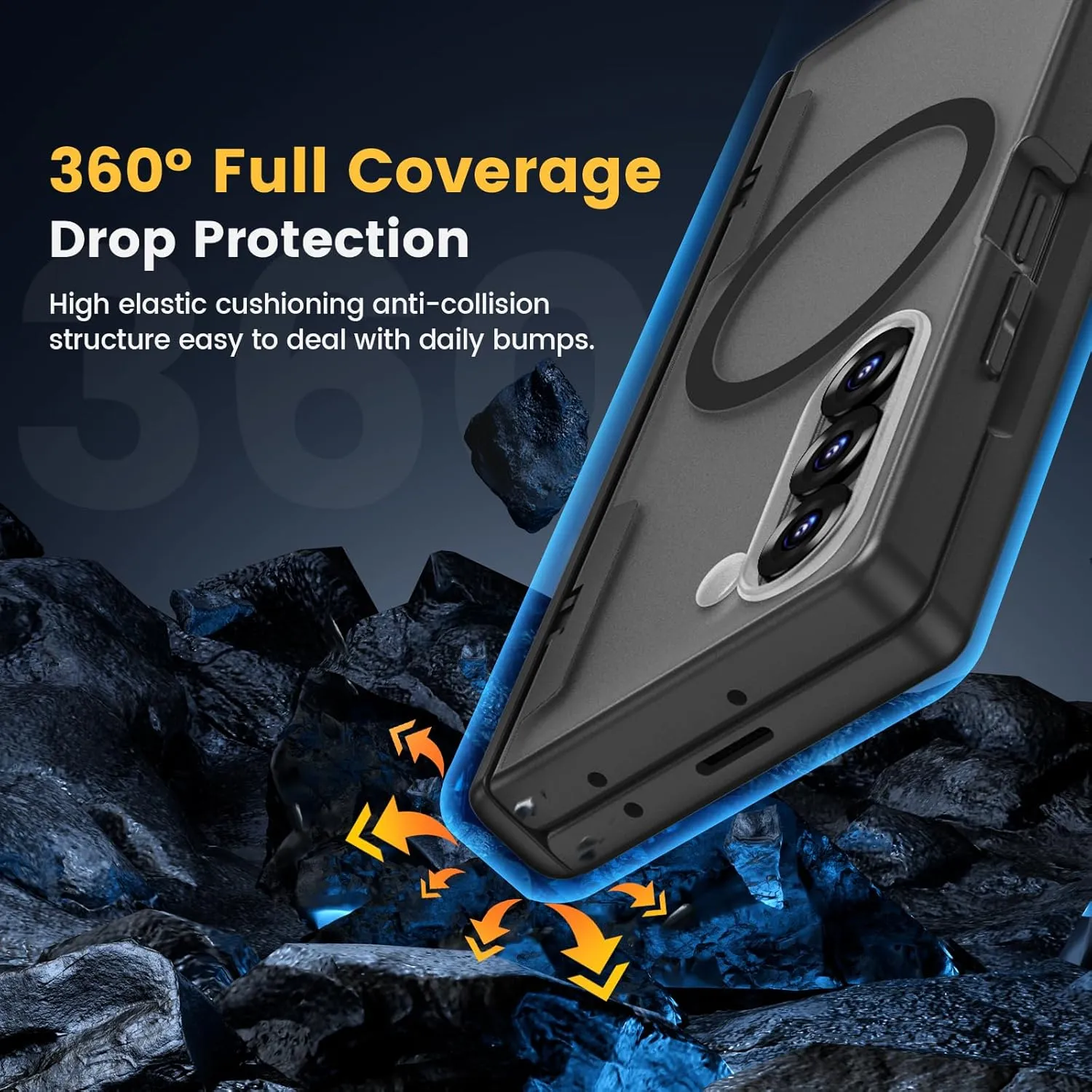 Caka for Samsung Galaxy Z Fold 5 Case [Thinner S Pen Holder Slot] [Magnetic Charging] [Hinge Protection] [Built-in Screen Protector] Translucent Hard Shockproof Magnet Phone Cover for Fold5 - Black