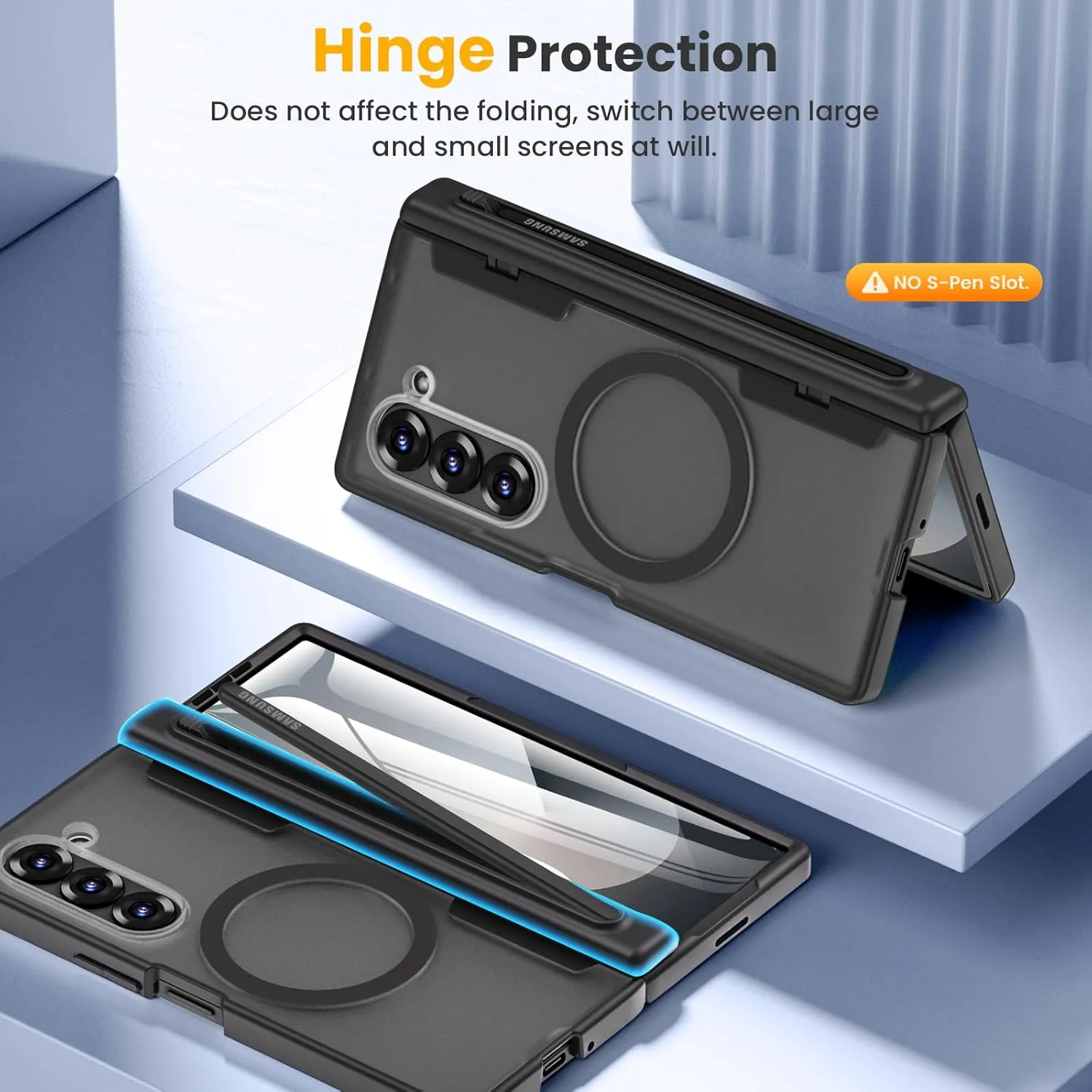 Caka for Samsung Galaxy Z Fold 5 Case [Thinner S Pen Holder Slot] [Magnetic Charging] [Hinge Protection] [Built-in Screen Protector] Translucent Hard Shockproof Magnet Phone Cover for Fold5 - Black