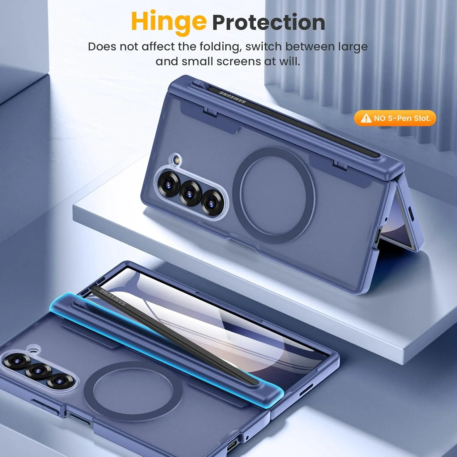 Caka for Samsung Galaxy Z Fold 5 Case [Thinner S Pen Holder Slot] [Magnetic Charging] [Hinge Protection] [Built-in Screen Protector] Translucent Hard Shockproof Magnet Phone Cover for Fold5 - Blue