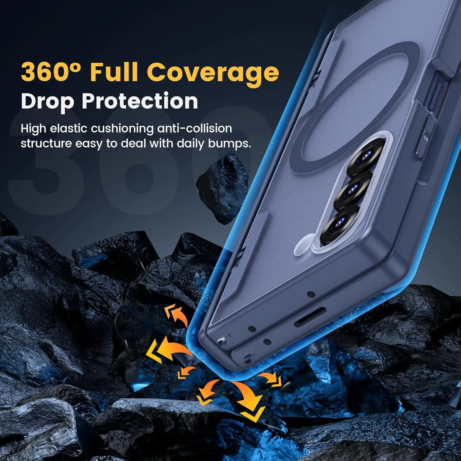 Caka for Samsung Galaxy Z Fold 5 Case [Thinner S Pen Holder Slot] [Magnetic Charging] [Hinge Protection] [Built-in Screen Protector] Translucent Hard Shockproof Magnet Phone Cover for Fold5 - Blue