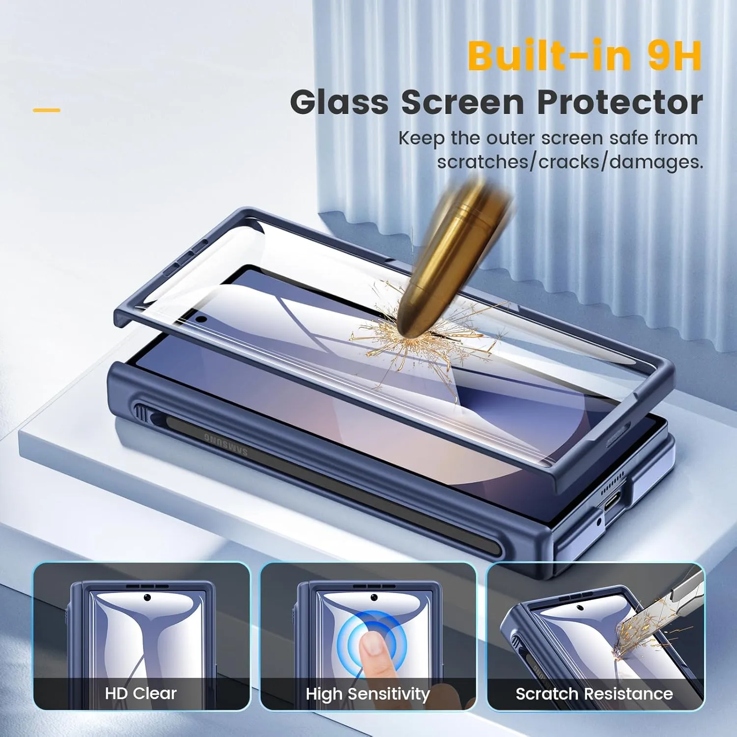 Caka for Samsung Galaxy Z Fold 5 Case [Thinner S Pen Holder Slot] [Magnetic Charging] [Hinge Protection] [Built-in Screen Protector] Translucent Hard Shockproof Magnet Phone Cover for Fold5 - Blue