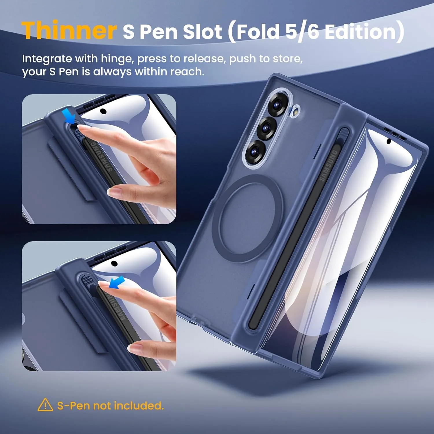 Caka for Samsung Galaxy Z Fold 5 Case [Thinner S Pen Holder Slot] [Magnetic Charging] [Hinge Protection] [Built-in Screen Protector] Translucent Hard Shockproof Magnet Phone Cover for Fold5 - Blue