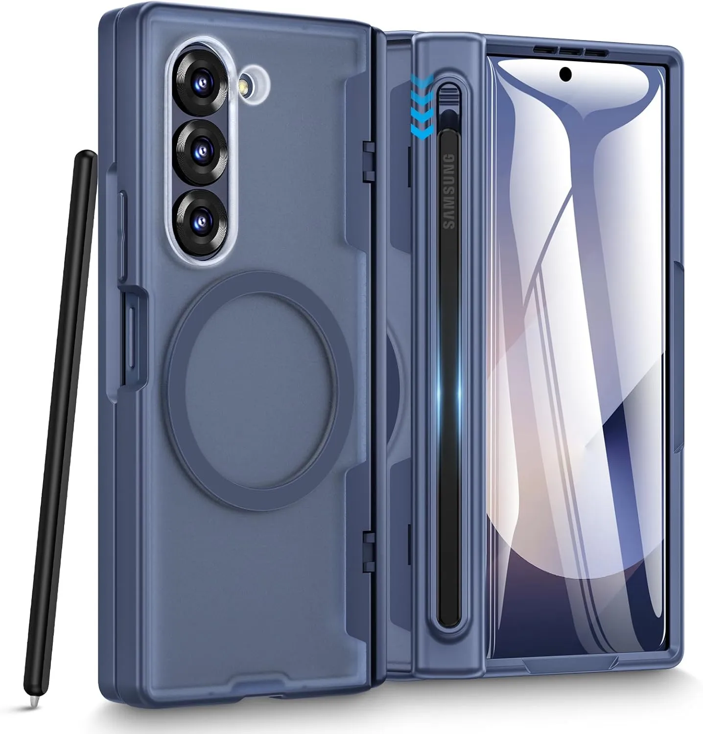 Caka for Samsung Galaxy Z Fold 5 Case [Thinner S Pen Holder Slot] [Magnetic Charging] [Hinge Protection] [Built-in Screen Protector] Translucent Hard Shockproof Magnet Phone Cover for Fold5 - Blue