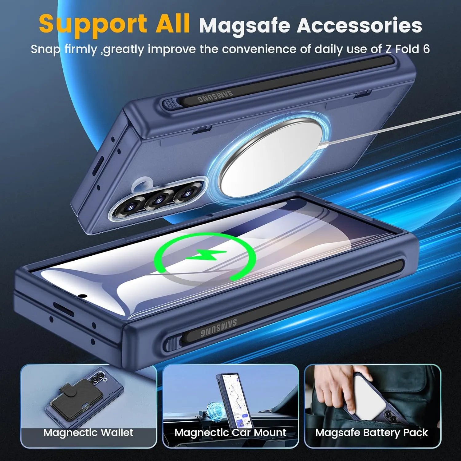 Caka for Samsung Galaxy Z Fold 5 Case [Thinner S Pen Holder Slot] [Magnetic Charging] [Hinge Protection] [Built-in Screen Protector] Translucent Hard Shockproof Magnet Phone Cover for Fold5 - Blue