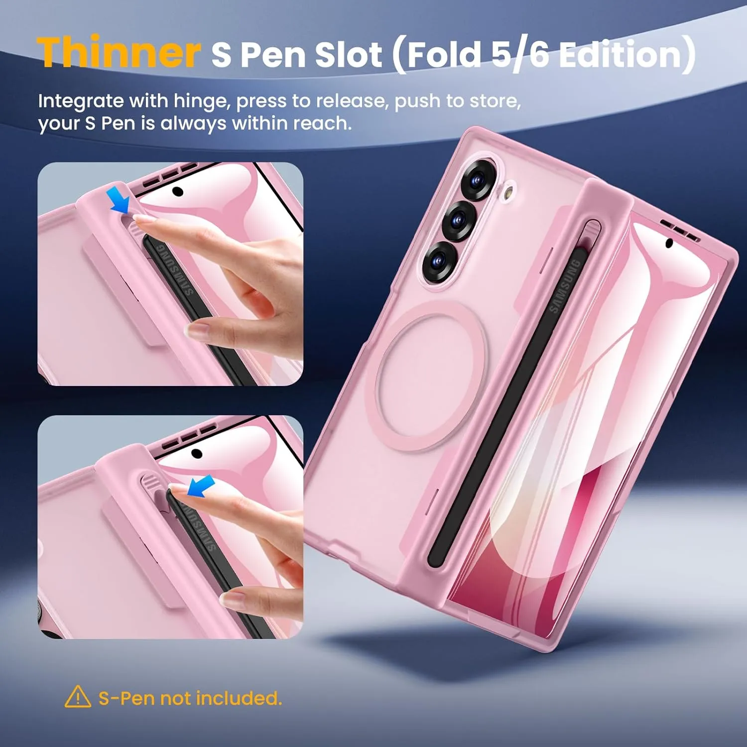 Caka for Samsung Galaxy Z Fold 5 Case [Thinner S Pen Holder Slot] [Magnetic Charging] [Hinge Protection] [Built-in Screen Protector] Translucent Hard Shockproof Magnet Phone Cover for Fold5 - Pink