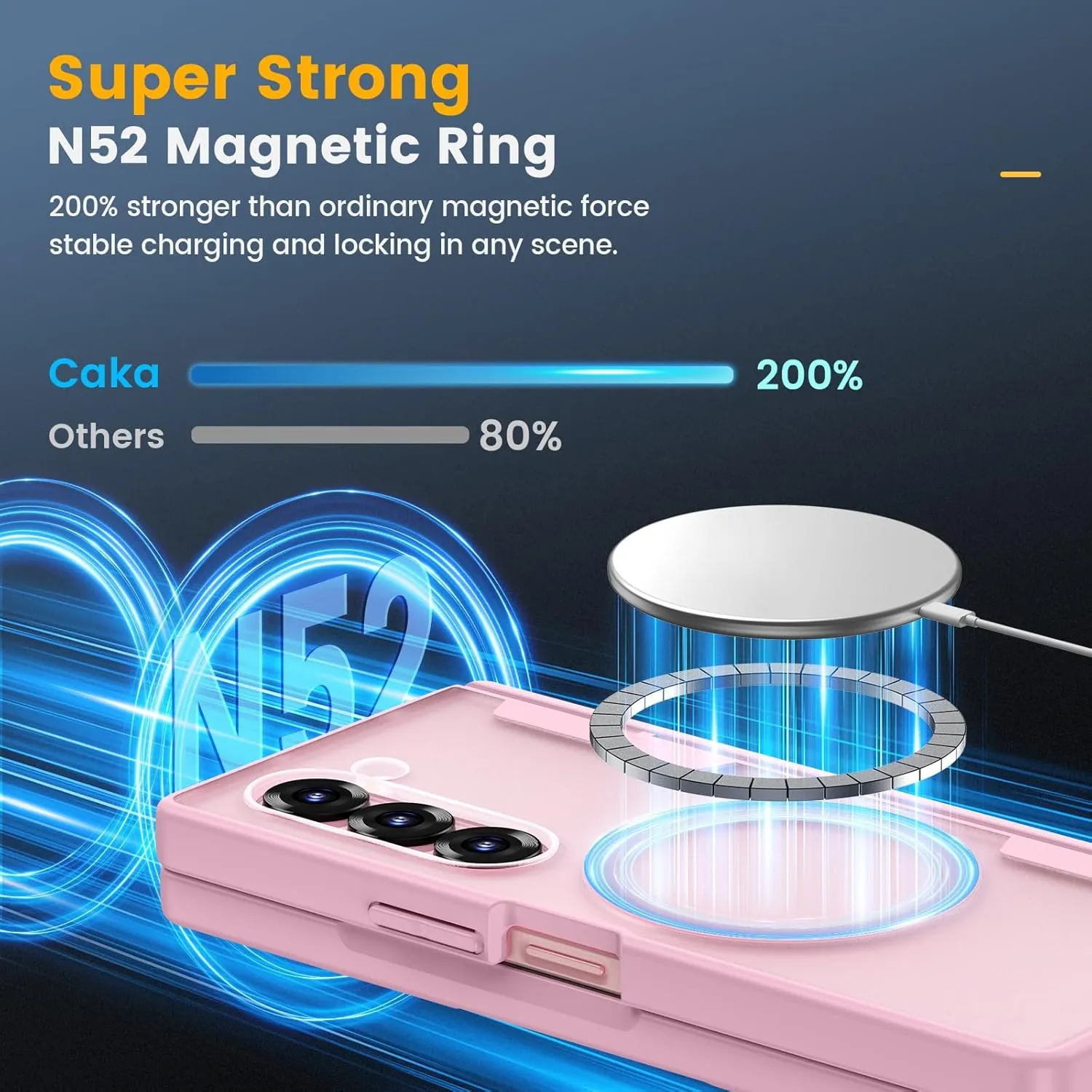 Caka for Samsung Galaxy Z Fold 5 Case [Thinner S Pen Holder Slot] [Magnetic Charging] [Hinge Protection] [Built-in Screen Protector] Translucent Hard Shockproof Magnet Phone Cover for Fold5 - Pink