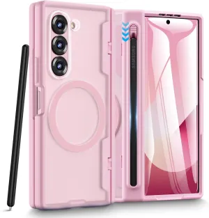 Caka for Samsung Galaxy Z Fold 5 Case [Thinner S Pen Holder Slot] [Magnetic Charging] [Hinge Protection] [Built-in Screen Protector] Translucent Hard Shockproof Magnet Phone Cover for Fold5 - Pink