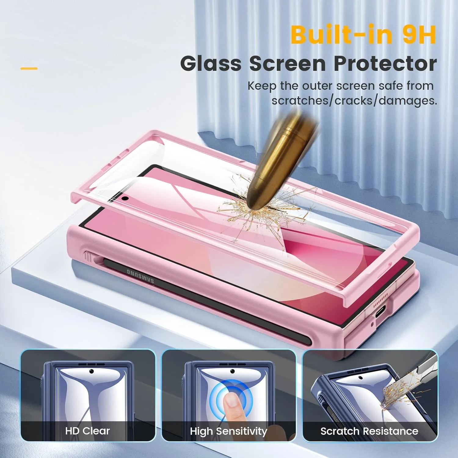 Caka for Samsung Galaxy Z Fold 5 Case [Thinner S Pen Holder Slot] [Magnetic Charging] [Hinge Protection] [Built-in Screen Protector] Translucent Hard Shockproof Magnet Phone Cover for Fold5 - Pink