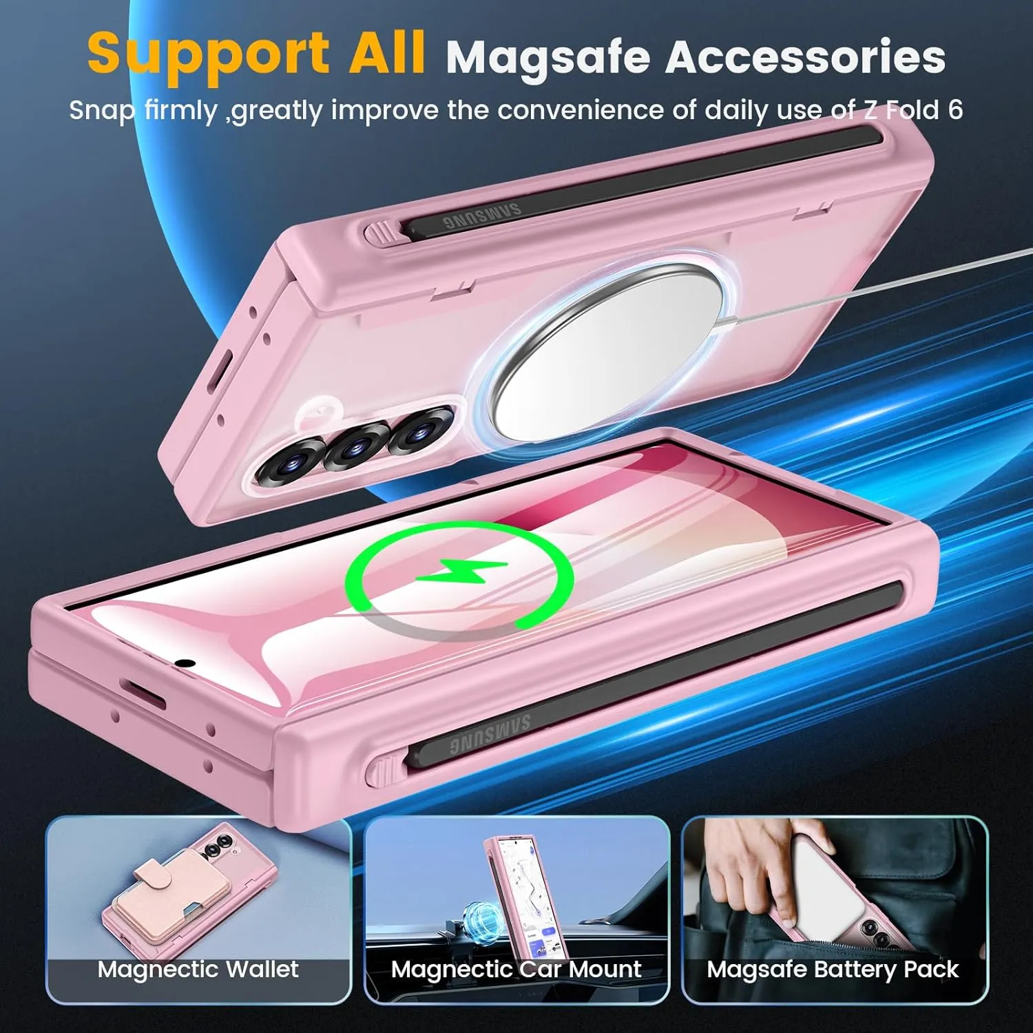 Caka for Samsung Galaxy Z Fold 5 Case [Thinner S Pen Holder Slot] [Magnetic Charging] [Hinge Protection] [Built-in Screen Protector] Translucent Hard Shockproof Magnet Phone Cover for Fold5 - Pink