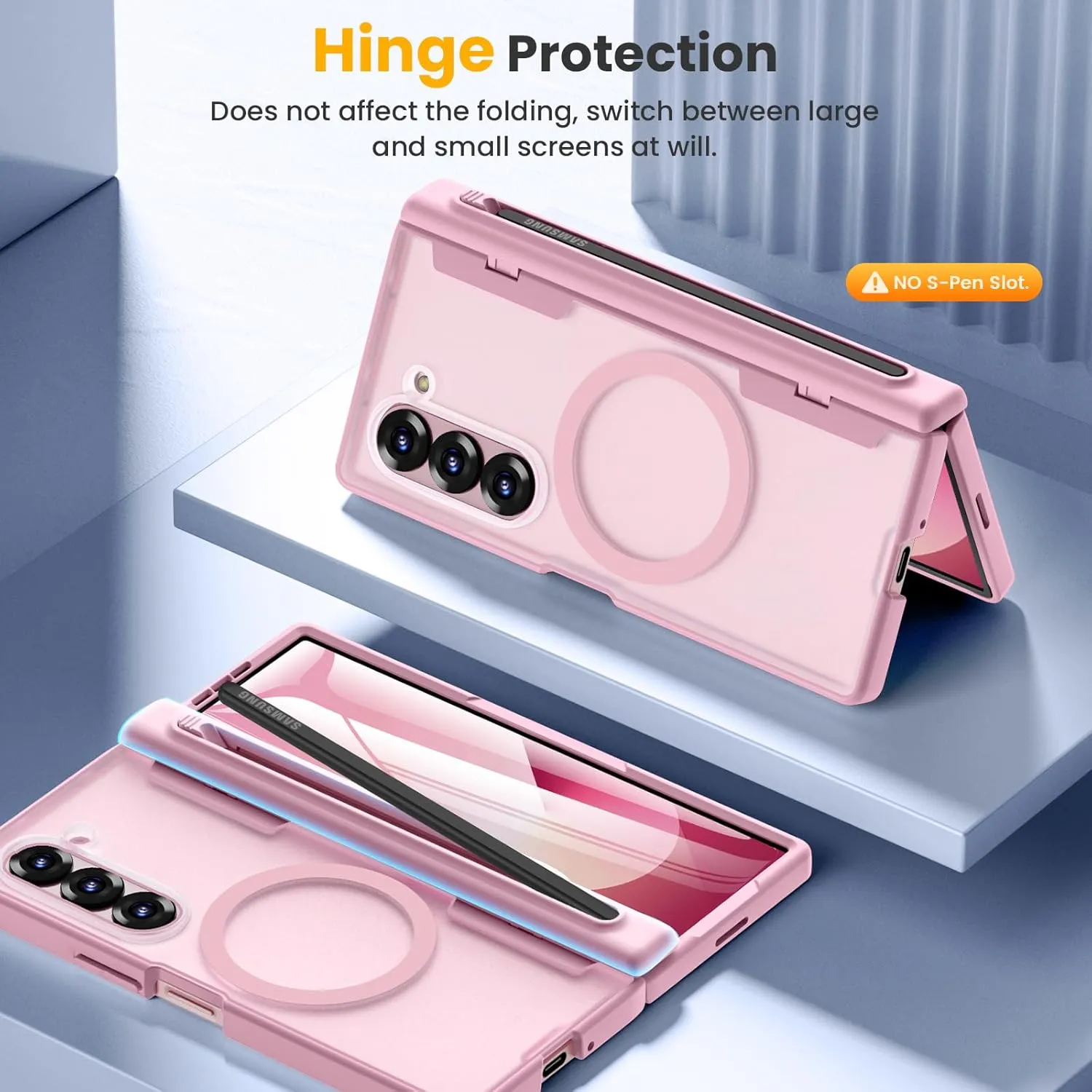 Caka for Samsung Galaxy Z Fold 5 Case [Thinner S Pen Holder Slot] [Magnetic Charging] [Hinge Protection] [Built-in Screen Protector] Translucent Hard Shockproof Magnet Phone Cover for Fold5 - Pink