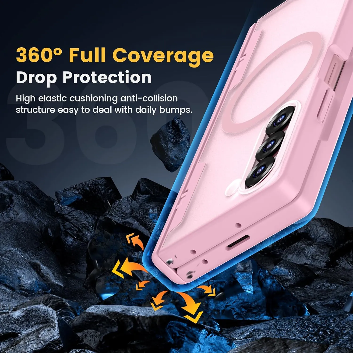 Caka for Samsung Galaxy Z Fold 5 Case [Thinner S Pen Holder Slot] [Magnetic Charging] [Hinge Protection] [Built-in Screen Protector] Translucent Hard Shockproof Magnet Phone Cover for Fold5 - Pink