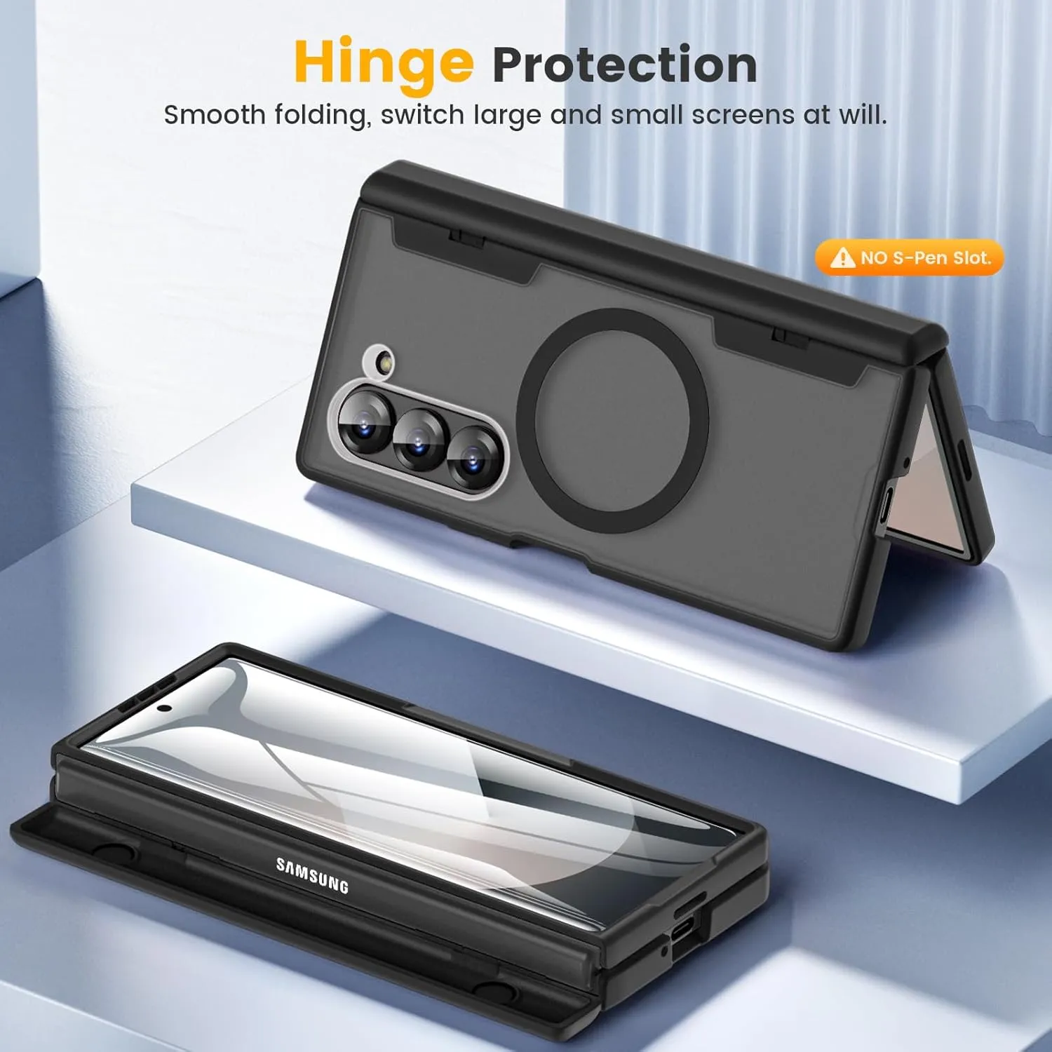 Caka for Samsung Galaxy Z Fold 6 Case [Magnetic Charging] [Hinge Protection] [Built-in HD Screen Protector] Translucent Hard Shockproof Magnet Phone Cover for Fold6 - Black