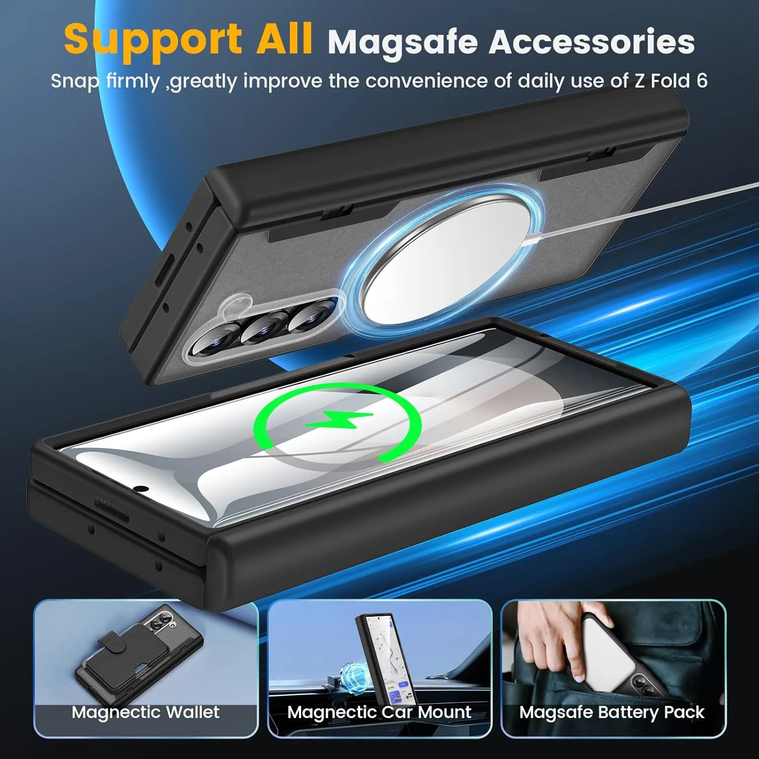 Caka for Samsung Galaxy Z Fold 6 Case [Magnetic Charging] [Hinge Protection] [Built-in HD Screen Protector] Translucent Hard Shockproof Magnet Phone Cover for Fold6 - Black