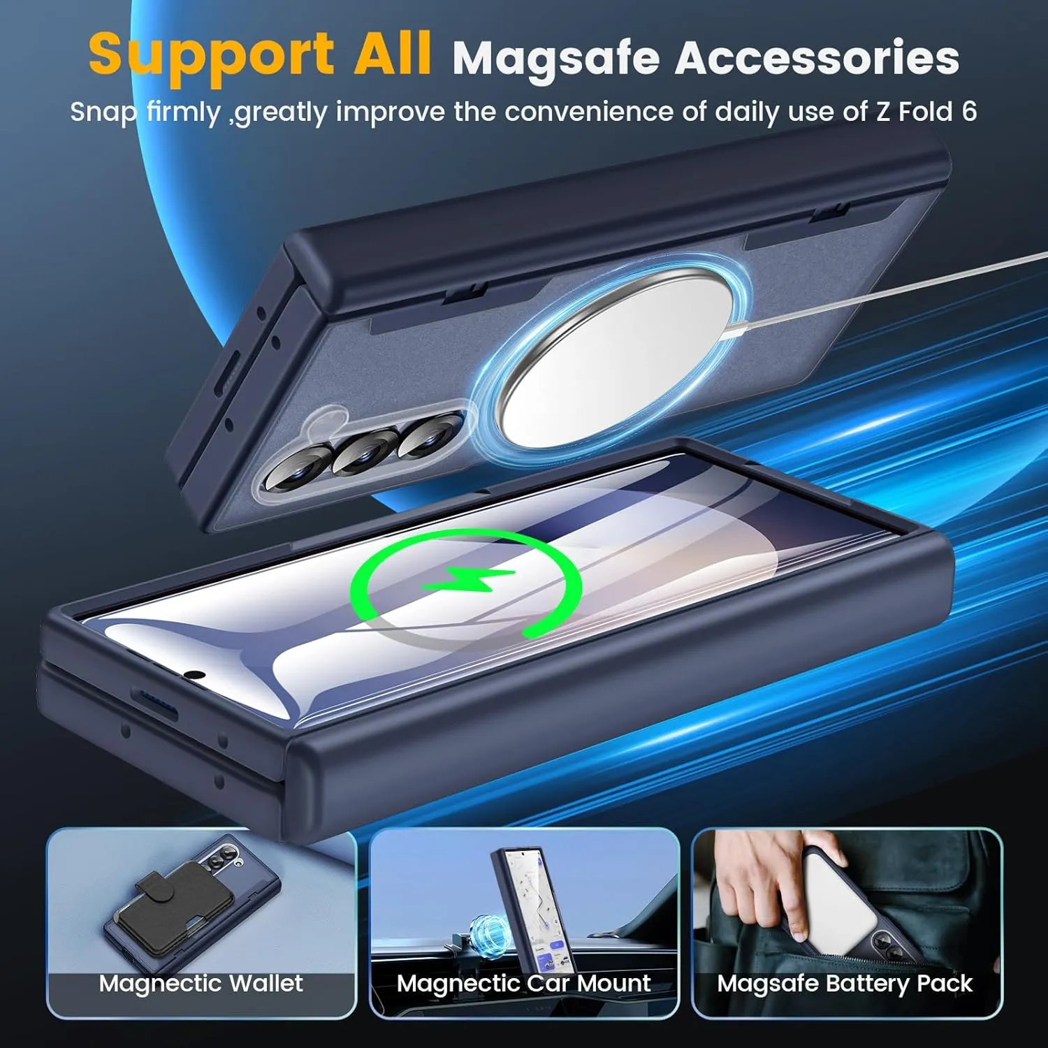 Caka for Samsung Galaxy Z Fold 6 Case [Magnetic Charging] [Hinge Protection] [Built-in HD Screen Protector] Translucent Hard Shockproof Magnet Phone Cover for Fold6 - Blue